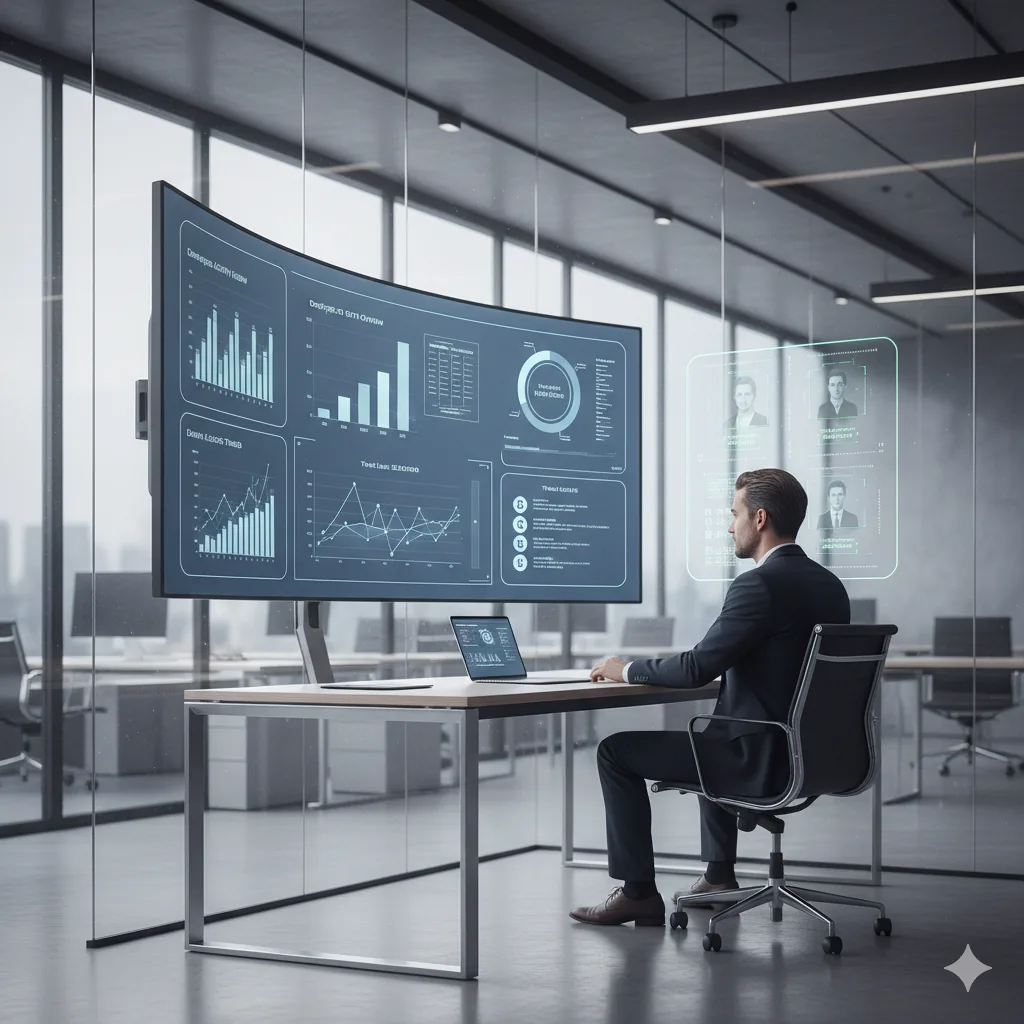 Менеджер аналізує дашборд оцінки ризиків персоналу в сучасному офісі