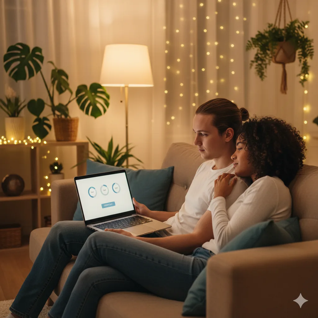 Пара на дивані проходить онлайн-тестування StimulTest на ноутбуці