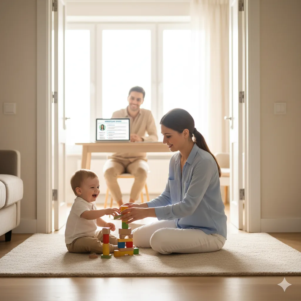 Няня грає з дитиною, батько перевіряє звіт верифікації на ноутбуці