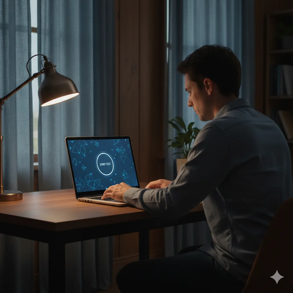 Чоловік проходить тестування StimulTest за ноутбуком у тихому кабінеті